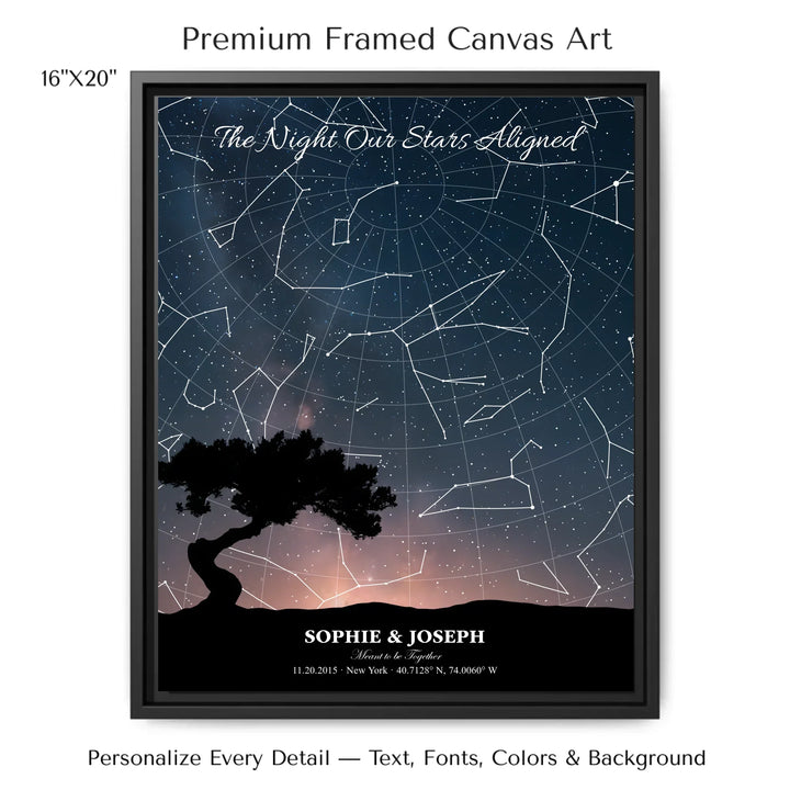 Personalized star map wall art with customizable background, title, names, date, location, and coordinates - 16x20 framed canvas-ARTFULANE