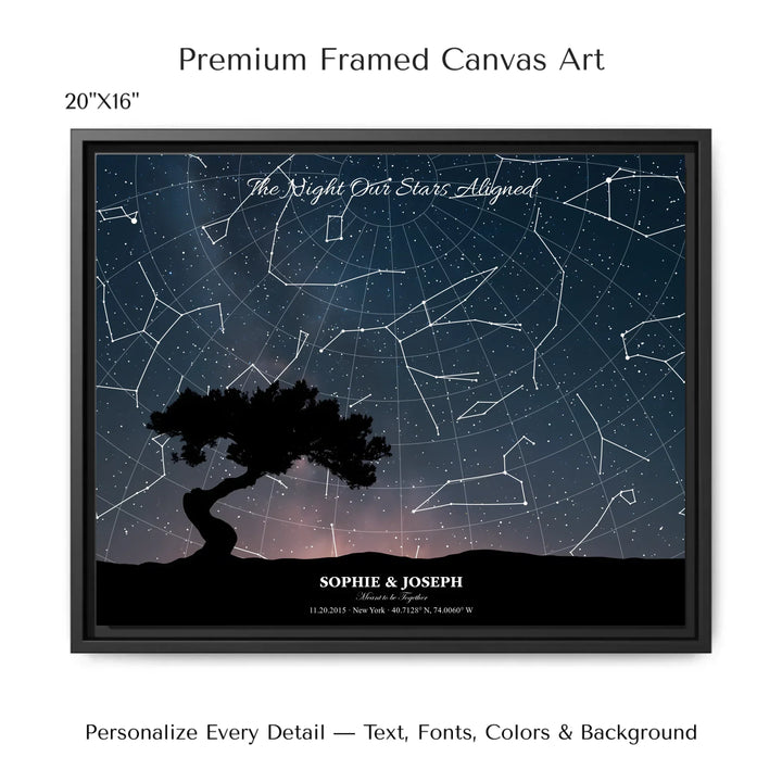 Personalized star map wall art with customizable background, title, names, date, location, and coordinates - 20x16 framed canvas-ARTFULANE