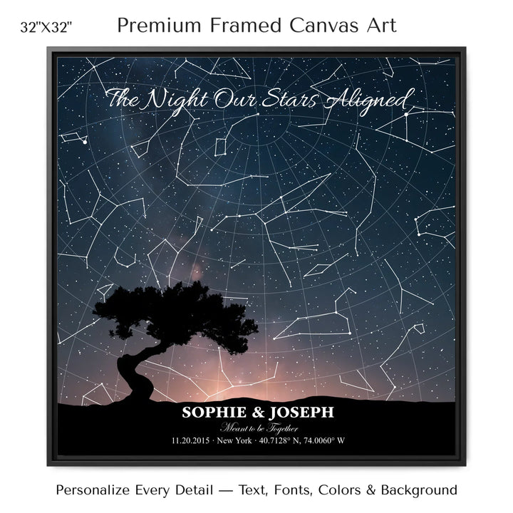 Personalized star map wall art with customizable background, title, names, date, location, and coordinates - 32x32 framed canvas-ARTFULANE