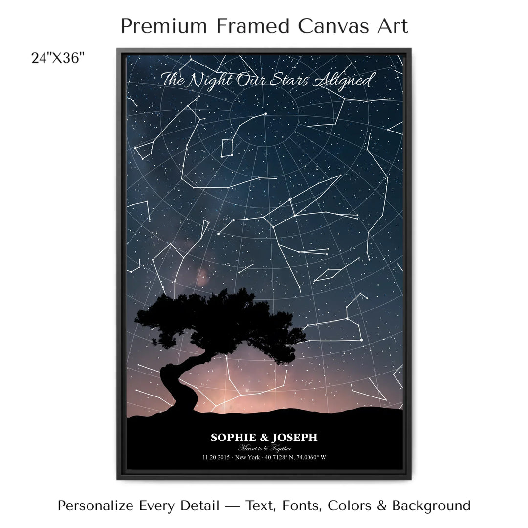 Personalized star map wall art with customizable background, title, names, date, location, and coordinates - 24x36 framed canvas-ARTFULANE