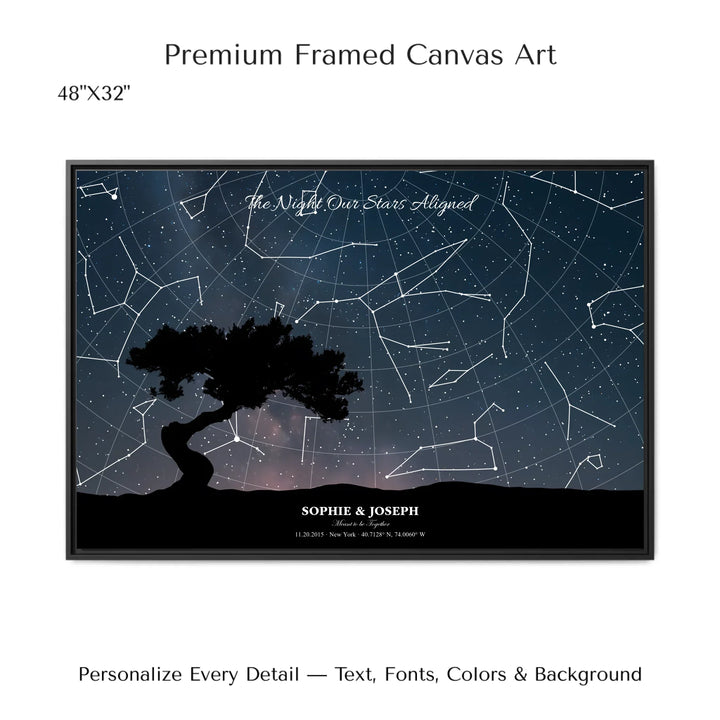 Personalized star map wall art with customizable background, title, names, date, location, and coordinates - 48x32 framed canvas-ARTFULANE