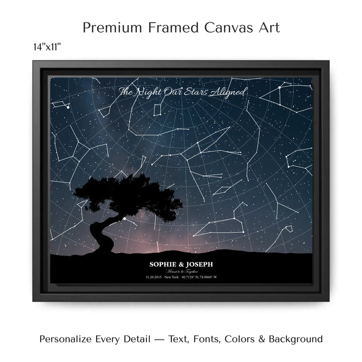 Personalized star map wall art with customizable background, title, names, date, location, and coordinates - 14x11 framed canvas-ARTFULANE