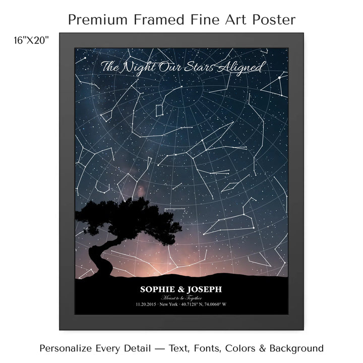 Personalized star map wall art with customizable background, title, names, date, location, and coordinates - 16x20 framed poster-ARTFULANE