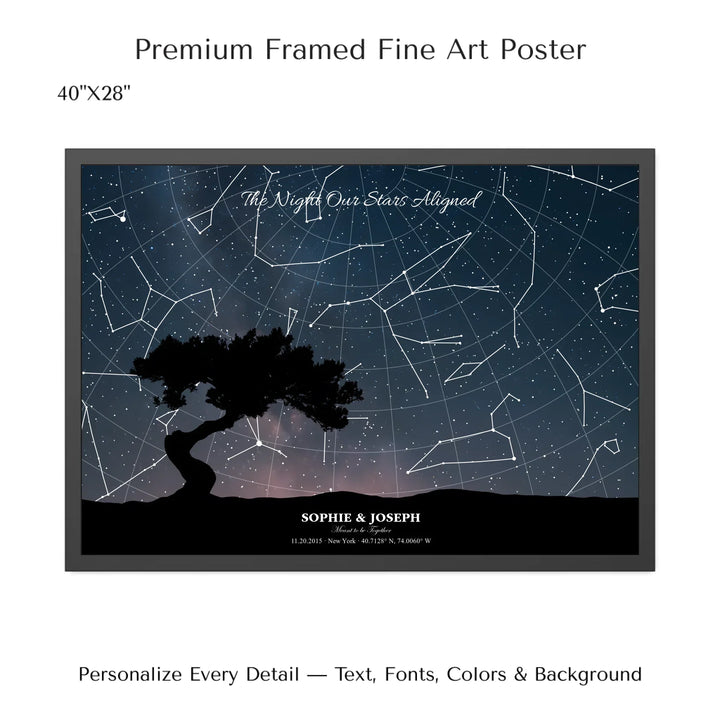 Personalized star map wall art with customizable background, title, names, date, location, and coordinates - 40x28 framed poster-ARTFULANE
