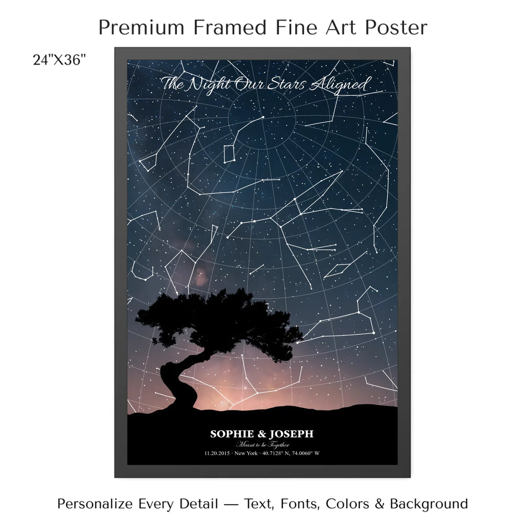 Personalized star map wall art with customizable background, title, names, date, location, and coordinates - 24x36 framed poster-ARTFULANE