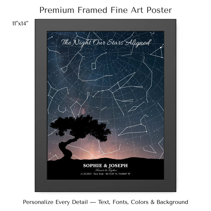 Personalized star map wall art with customizable background, title, names, date, location, and coordinates - 11x14 framed poster-ARTFULANE