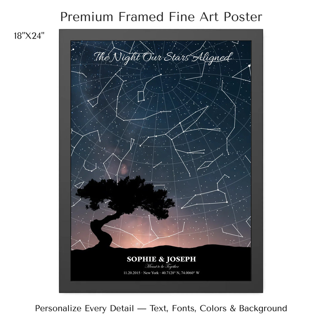 Personalized star map wall art with customizable background, title, names, date, location, and coordinates - 18x24 framed poster-ARTFULANE