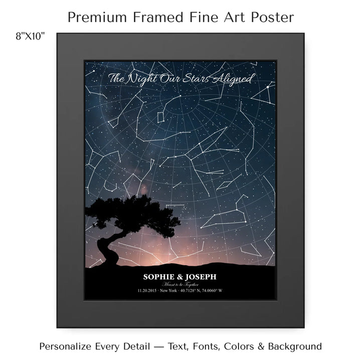 Personalized star map wall art with customizable background, title, names, date, location, and coordinates - 8x10 framed poster-ARTFULANE