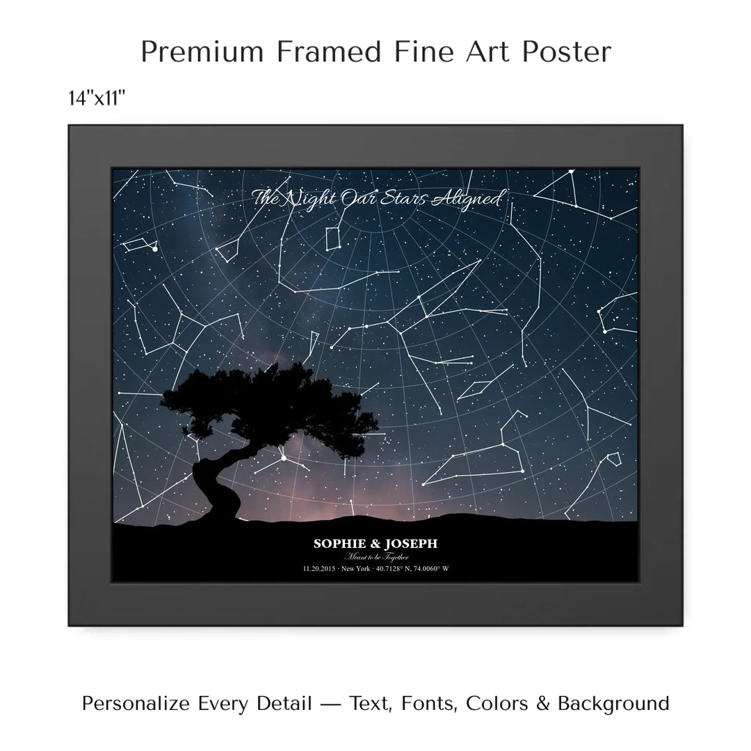 Personalized star map wall art with customizable background, title, names, date, location, and coordinates - 14x11 framed poster-ARTFULANE