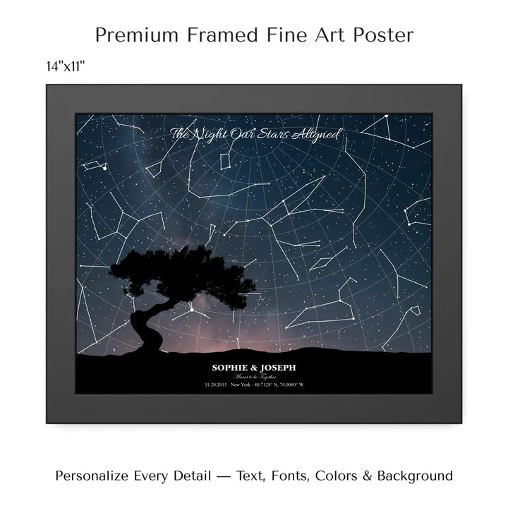 Personalized star map wall art with customizable background, title, names, date, location, and coordinates - 14x11 framed poster-ARTFULANE