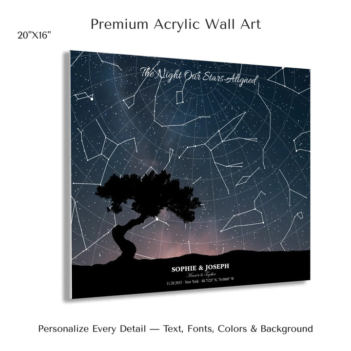 Personalized star map wall art with customizable background, title, names, date, location, and coordinates - 20x16 acrylic print with french cleat-ARTFULANE