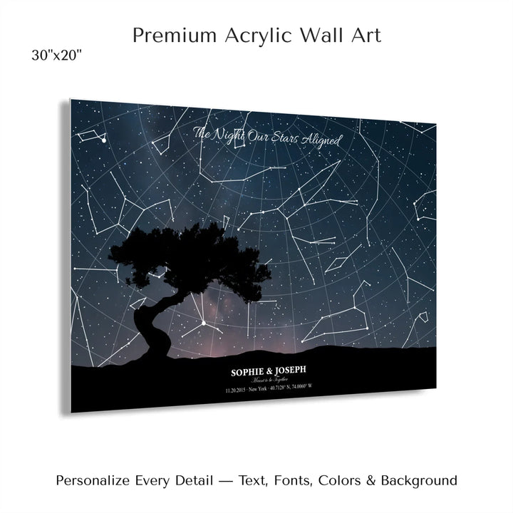 Personalized star map wall art with customizable background, title, names, date, location, and coordinates - 30x20 acrylic print with french cleat-ARTFULANE