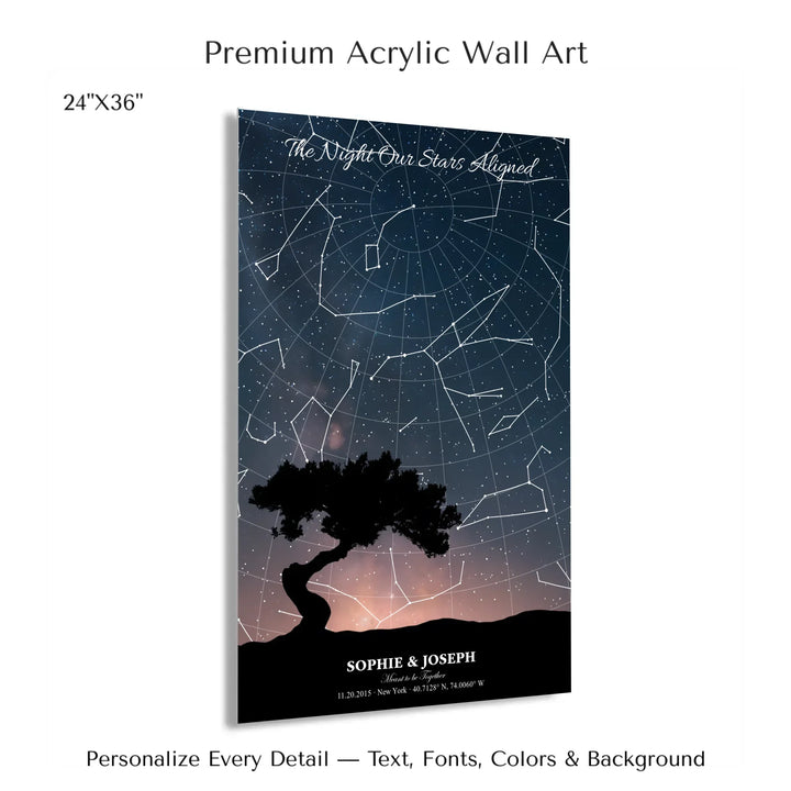 Personalized star map wall art with customizable background, title, names, date, location, and coordinates - 24x36 acrylic print with french cleat-ARTFULANE