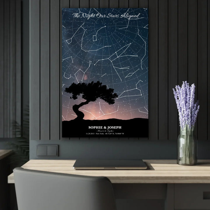 Personalized star map wall art with customizable background, title, names, date, location, and coordinates - 24x36 acrylic print french with cleat context-ARTFULANE
