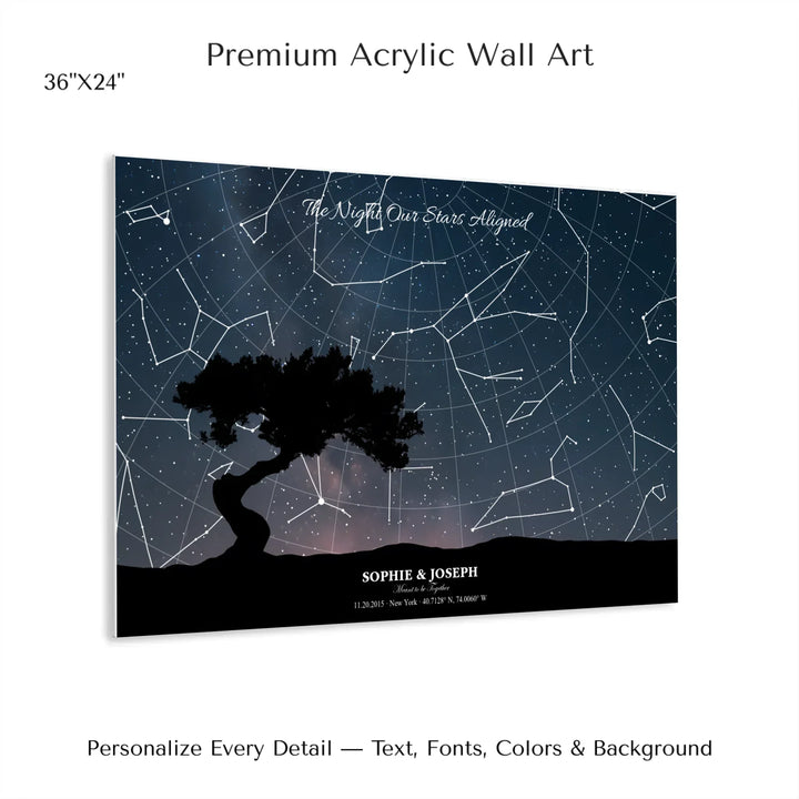 Personalized star map wall art with customizable background, title, names, date, location, and coordinates - 36x24 acrylic print with french cleat-ARTFULANE