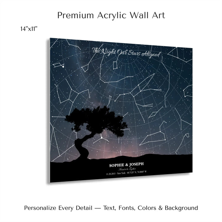 Personalized star map wall art with customizable background, title, names, date, location, and coordinates - 14x11 acrylic print with french cleat-ARTFULANE