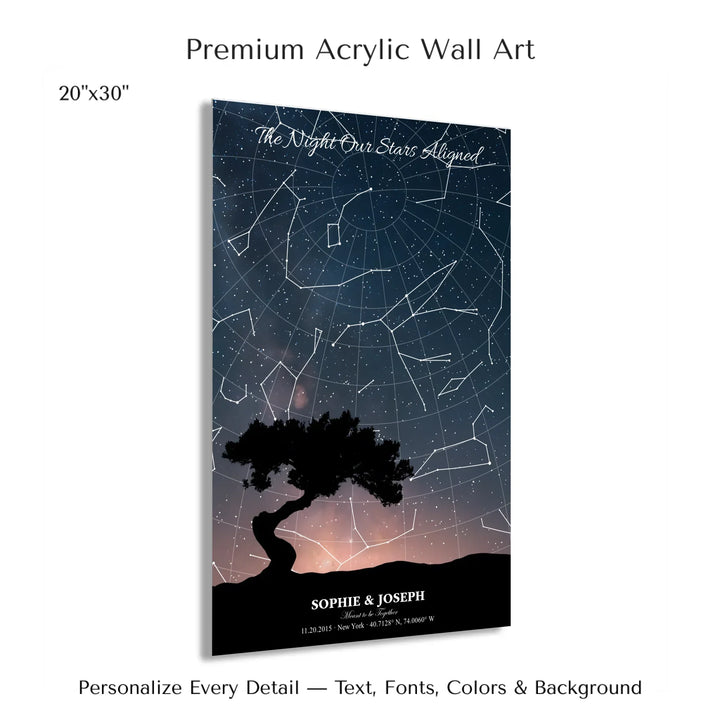 Personalized star map wall art with customizable background, title, names, date, location, and coordinates - 20x30 acrylic print with french cleat-ARTFULANE