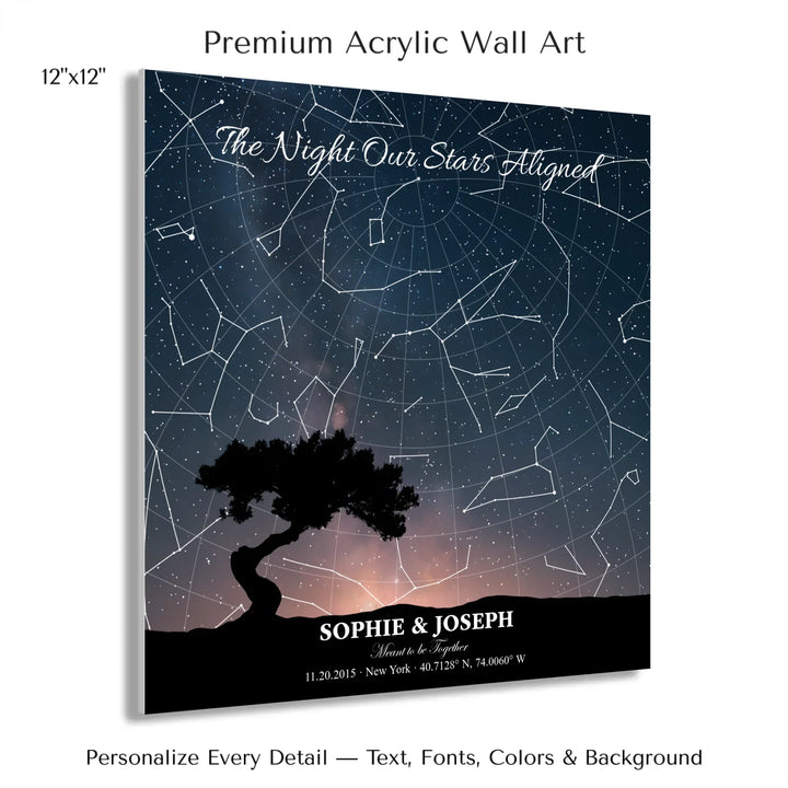 Personalized star map wall art with customizable background, title, names, date, location, and coordinates - 12x12 acrylic print with french cleat-ARTFULANE