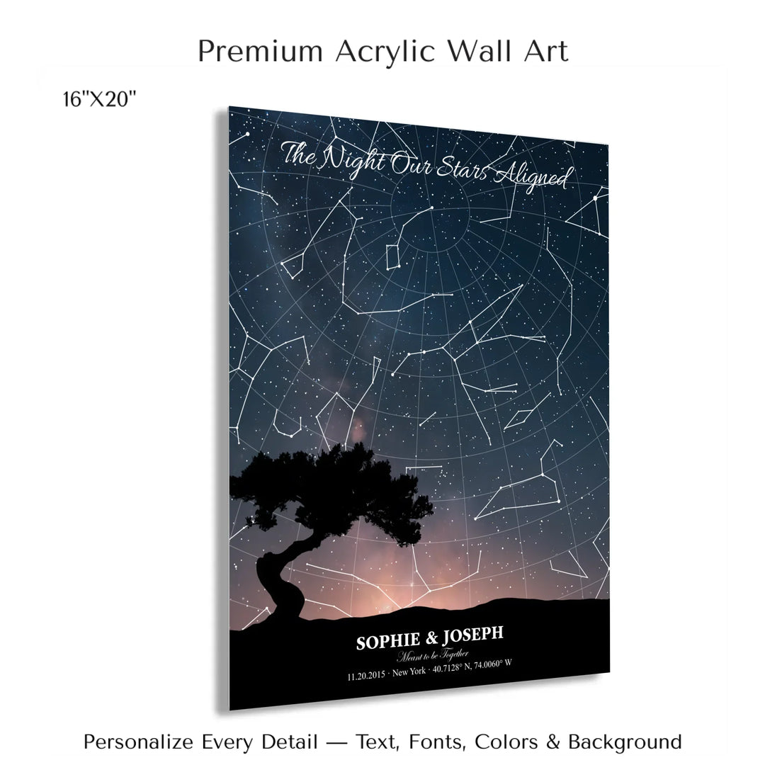 Personalized star map wall art with customizable background, title, names, date, location, and coordinates - 16x20 acrylic print with french cleat-ARTFULANE