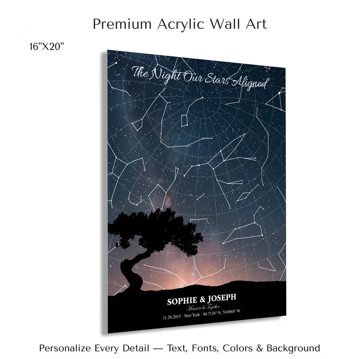 Personalized star map wall art with customizable background, title, names, date, location, and coordinates - 16x20 acrylic print with french cleat-ARTFULANE