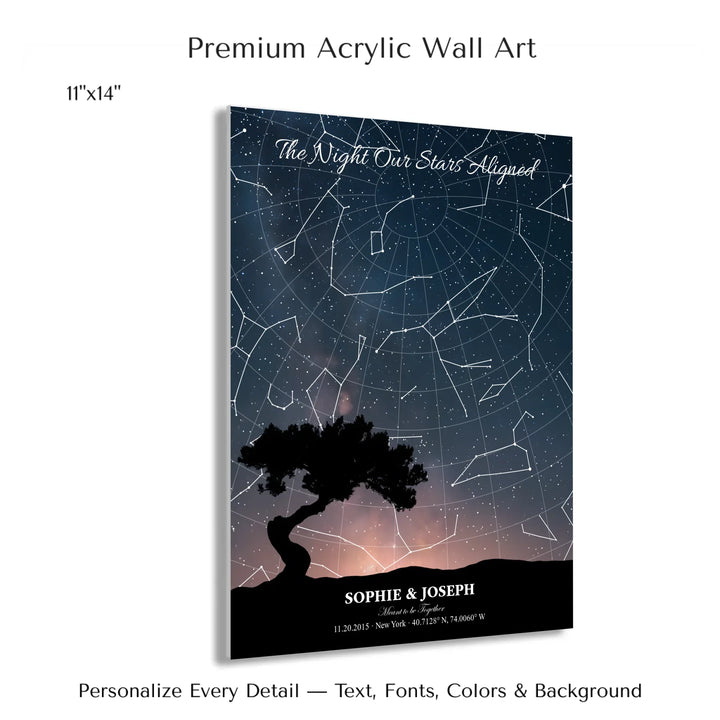 Personalized star map wall art with customizable background, title, names, date, location, and coordinates - 11x14 acrylic print with french cleat-ARTFULANE