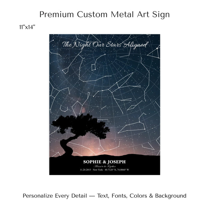 Personalized star map wall art with customizable background, title, names, date, location, and coordinates - 11x14 metal art sign-ARTFULANE