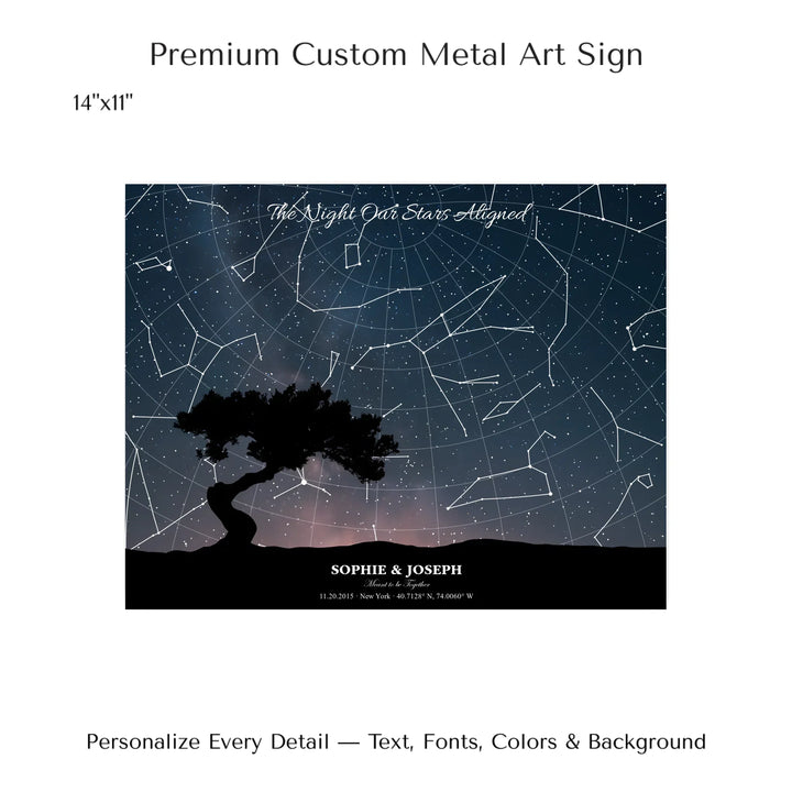 Personalized star map wall art with customizable background, title, names, date, location, and coordinates - 14x11 metal art sign-ARTFULANE