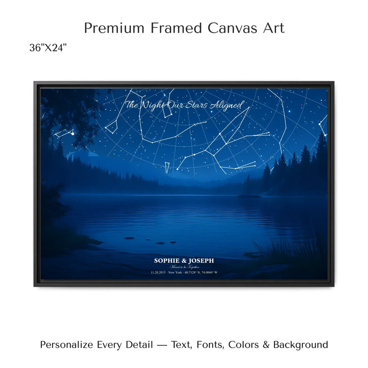 Personalized star map wall art with customizable background, title, names, date, location, and coordinates - 36x24 framed canvas-ARTFULANE