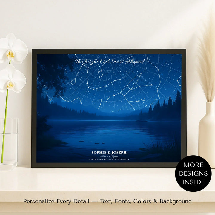 Personalized star map wall art with mountain lake landscape, custom night sky, constellation lines, and editable names, date, and coordinates -framed canvas on shelf-ARTFULANE