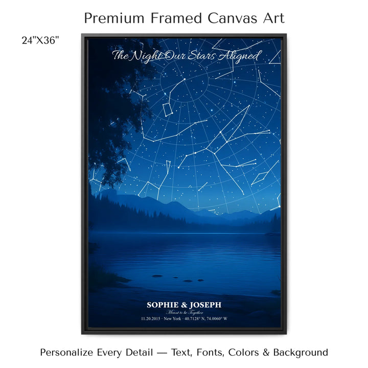 Personalized star map wall art with customizable background, title, names, date, location, and coordinates - 24x36 framed canvas-ARTFULANE