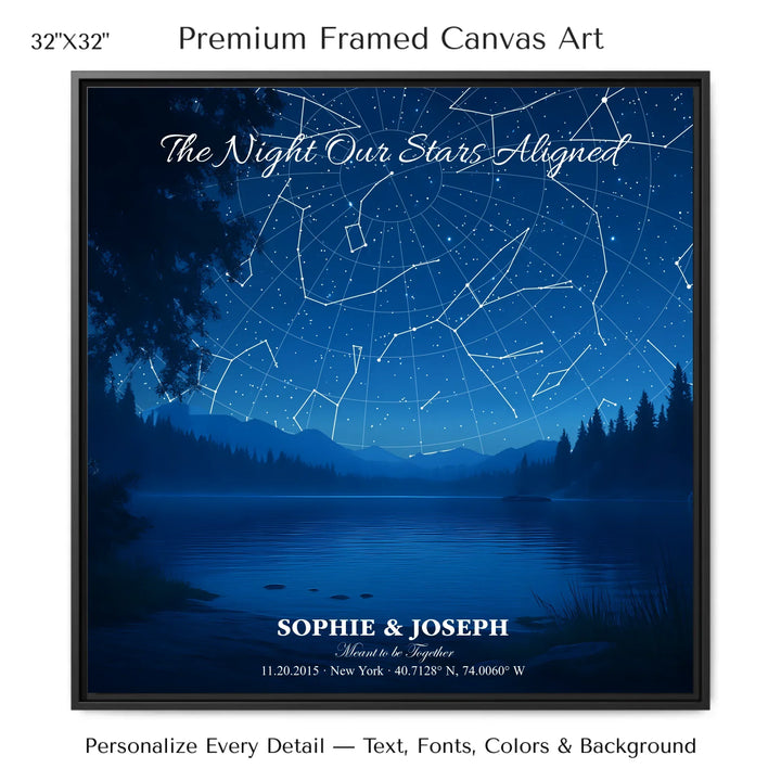 Personalized star map wall art with customizable background, title, names, date, location, and coordinates - 32x32 framed canvas-ARTFULANE