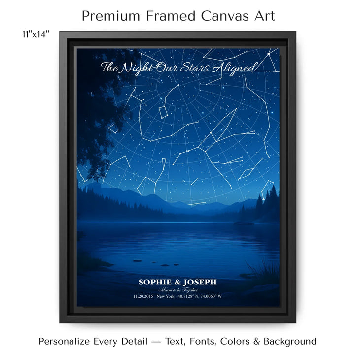 Personalized star map wall art with customizable background, title, names, date, location, and coordinates - 11x14 framed canvas-ARTFULANE
