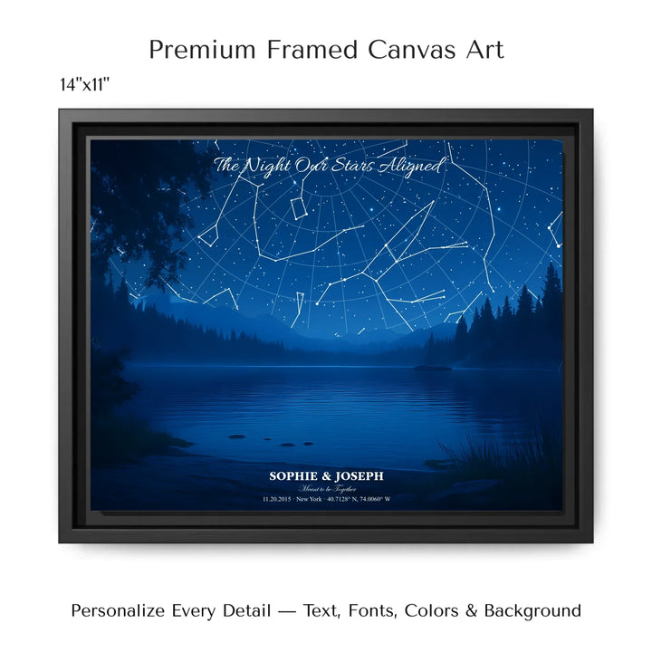 Personalized star map wall art with customizable background, title, names, date, location, and coordinates - 14x11 framed canvas-ARTFULANE