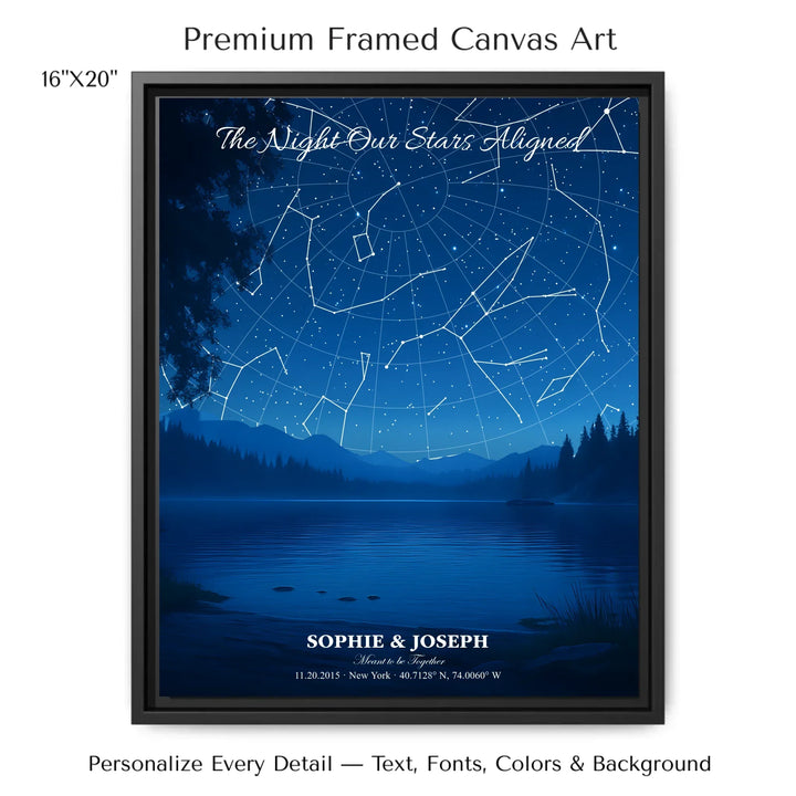 Personalized star map wall art with customizable background, title, names, date, location, and coordinates - 16x20 framed canvas-ARTFULANE