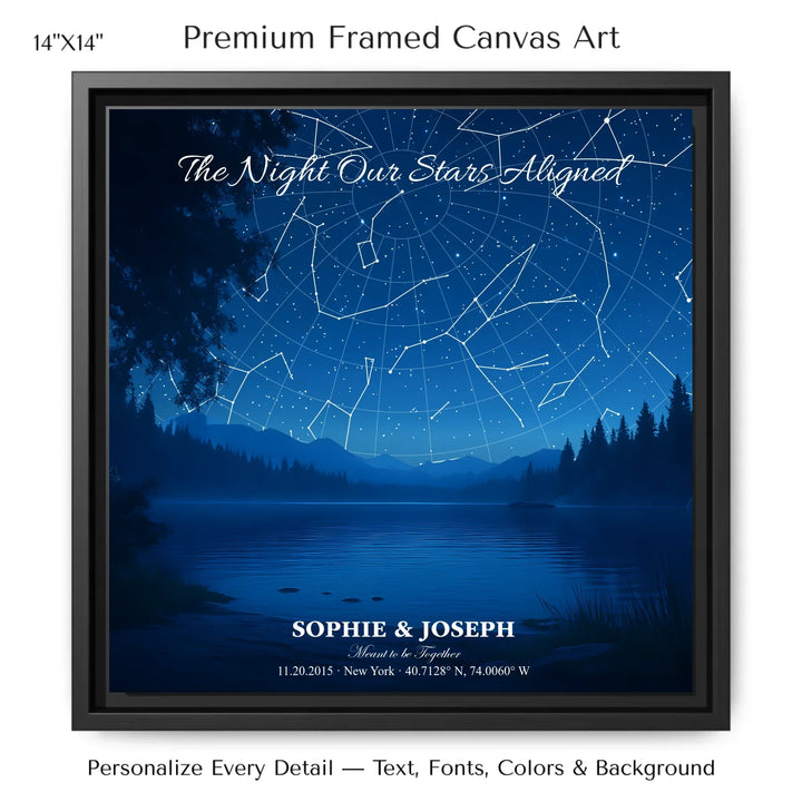 Personalized star map wall art with customizable background, title, names, date, location, and coordinates - 14x14 framed canvas-ARTFULANE
