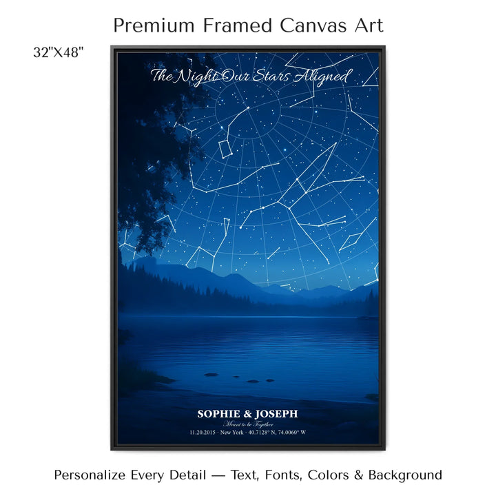 Personalized star map wall art with customizable background, title, names, date, location, and coordinates - 32x48 framed canvas-ARTFULANE