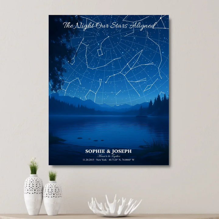 Personalized star map wall art with customizable background, title, names, date, location, and coordinates - unframed canvas on wall-ARTFULANE