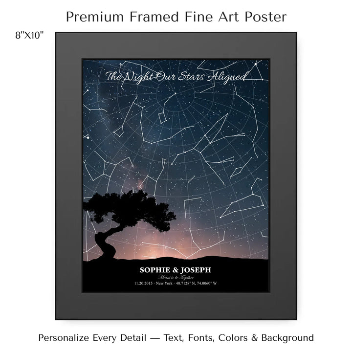 Personalized star map wall art with customizable background, title, names, date, location, and coordinates - 8x10 framed poster-ARTFULANE