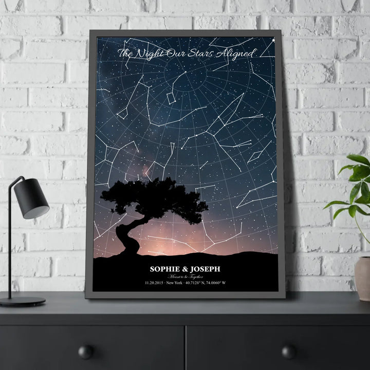 Personalized star map wall art with customizable background, title, names, date, location, and coordinates - 28x40 framed poster on table-ARTFULANE
