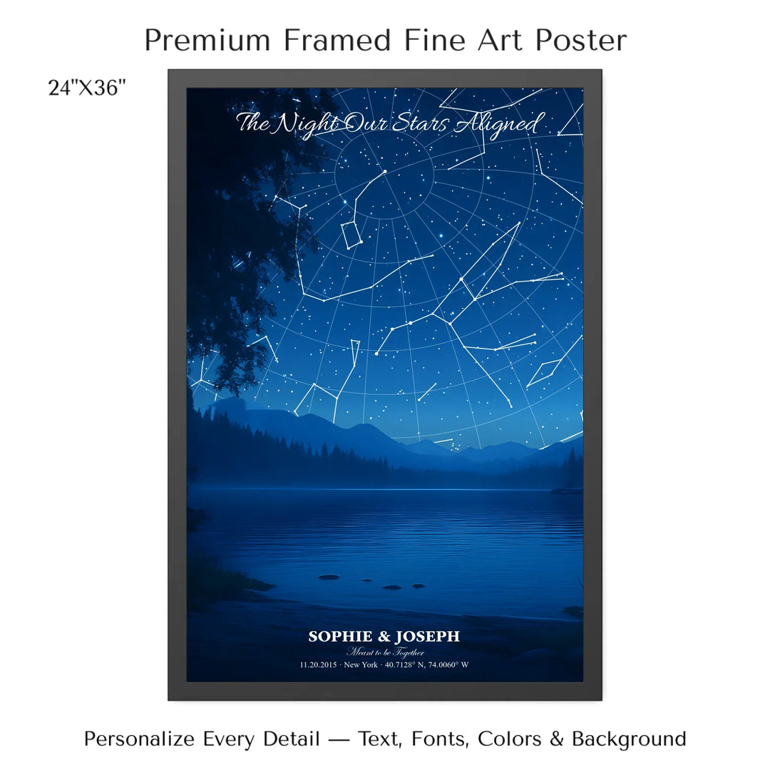 Personalized star map wall art with customizable background, title, names, date, location, and coordinates - 24x36 framed poster-ARTFULANE