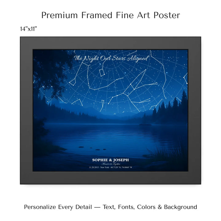Personalized star map wall art with customizable background, title, names, date, location, and coordinates - 14x11 framed poster-ARTFULANE