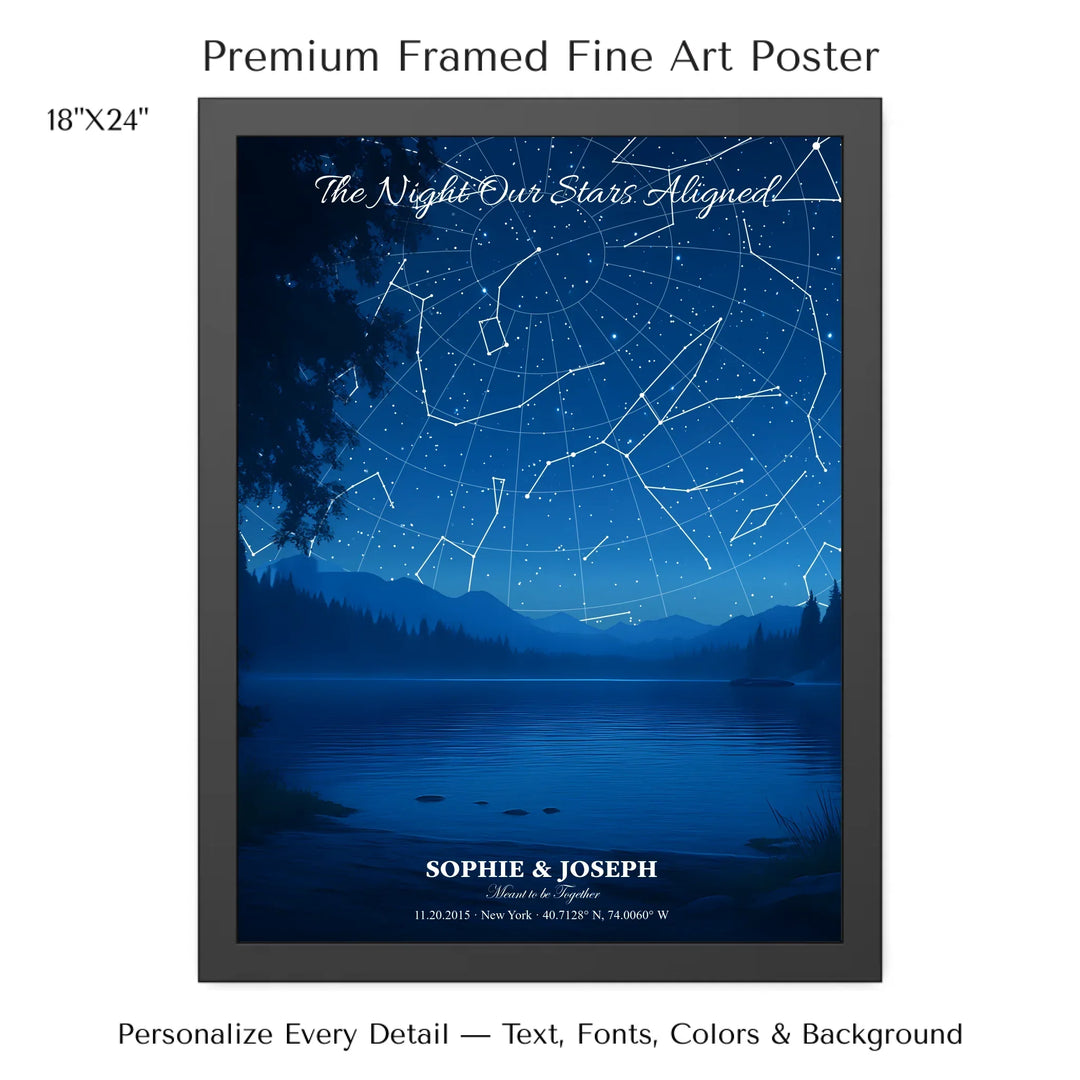 Personalized star map wall art with customizable background, title, names, date, location, and coordinates - 18x24 framed poster-ARTFULANE