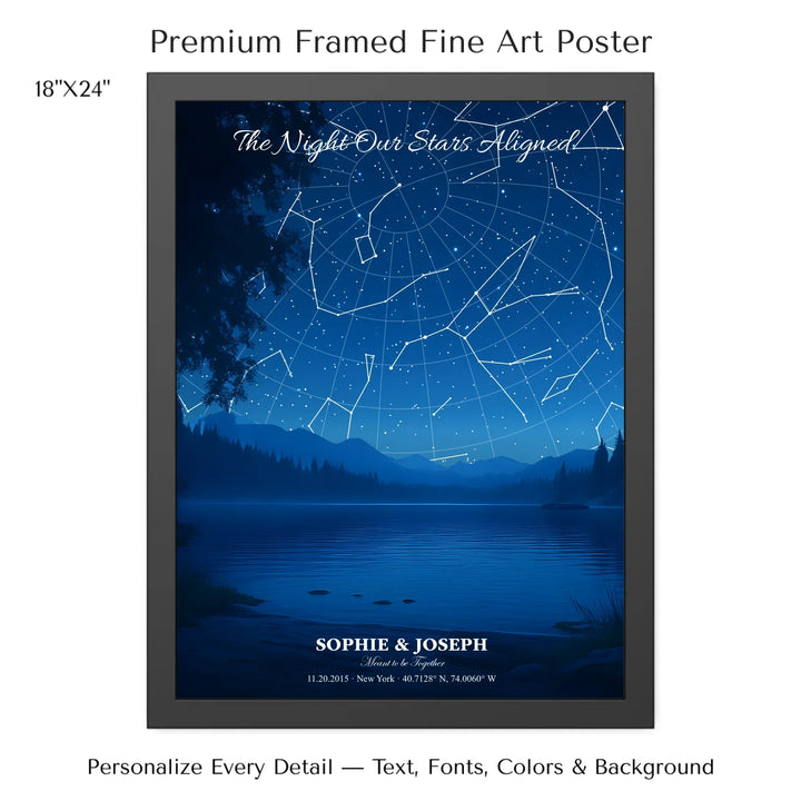 Personalized star map wall art with customizable background, title, names, date, location, and coordinates - 18x24 framed poster-ARTFULANE