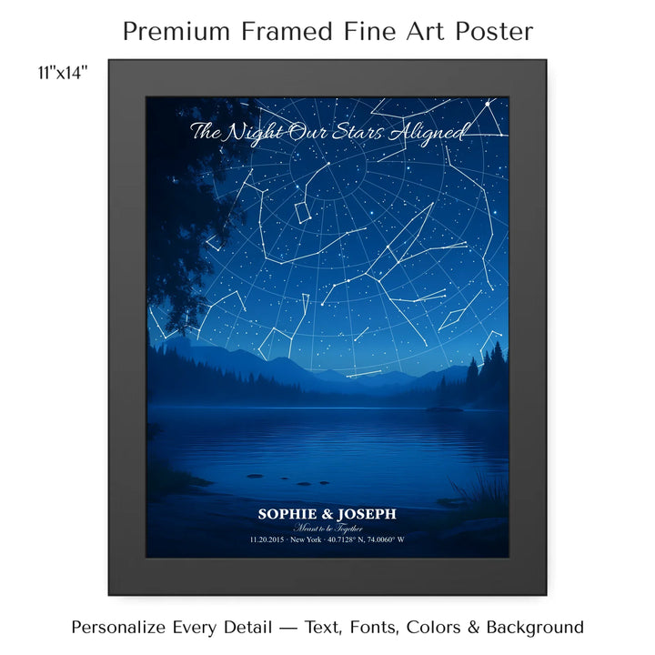 Personalized star map wall art with customizable background, title, names, date, location, and coordinates - 11x14 framed poster-ARTFULANE