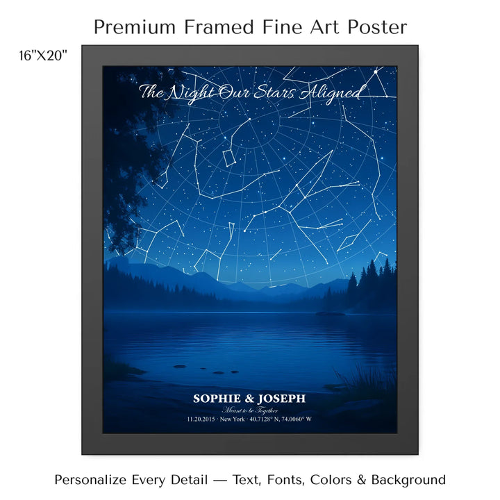 Personalized star map wall art with customizable background, title, names, date, location, and coordinates - 16x20 framed poster-ARTFULANE