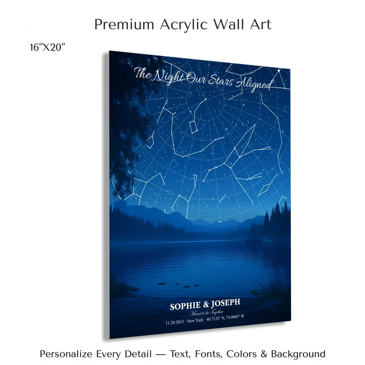 Personalized star map wall art with customizable background, title, names, date, location, and coordinates - 16x20 acrylic print with french cleat-ARTFULANE