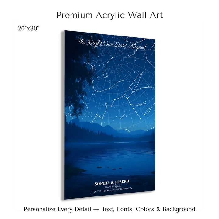 Personalized star map wall art with customizable background, title, names, date, location, and coordinates - 20x30 acrylic print with french cleat-ARTFULANE