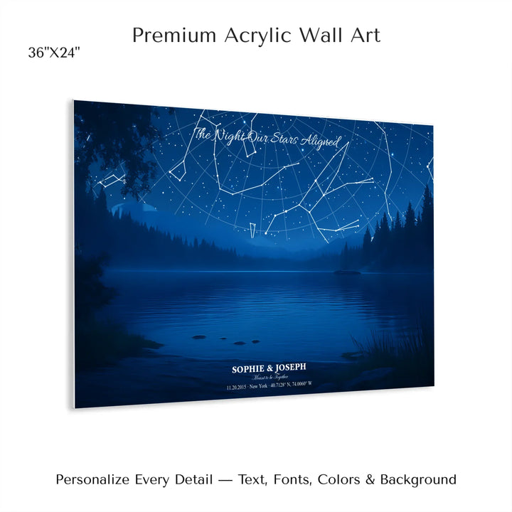 Personalized star map wall art with customizable background, title, names, date, location, and coordinates - 36x24 acrylic print with french cleat-ARTFULANE