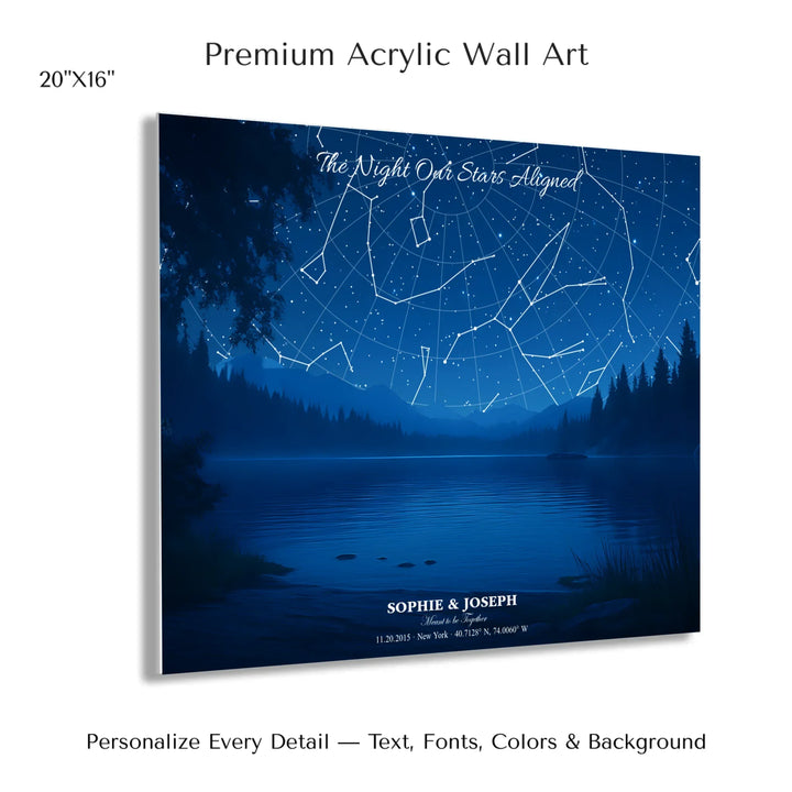 Personalized star map wall art with customizable background, title, names, date, location, and coordinates - 20x16 acrylic print with french cleat-ARTFULANE
