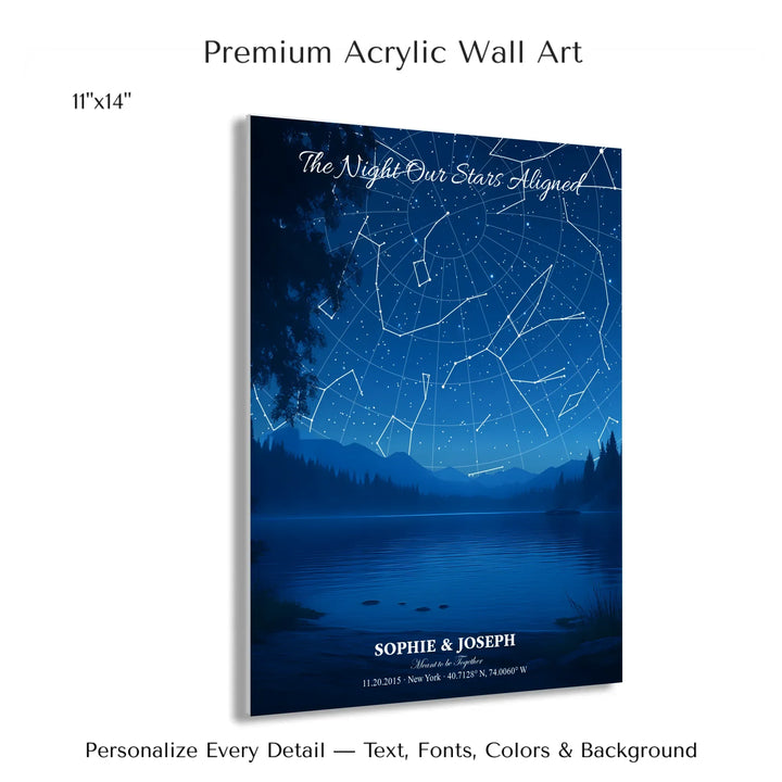 Personalized star map wall art with customizable background, title, names, date, location, and coordinates - 11x14 acrylic print with french cleat-ARTFULANE